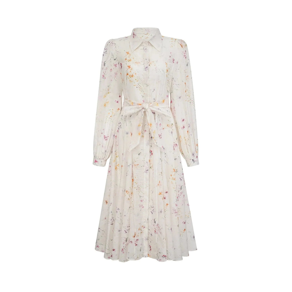 Federica Midi Dress White Floral Print Calf Length Button Fastening