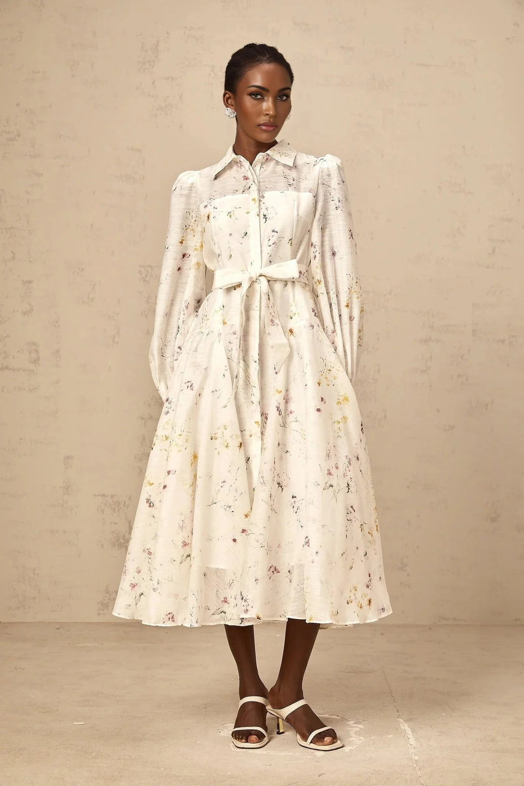 Federica Midi Dress White Floral Print Calf Length Button Fastening