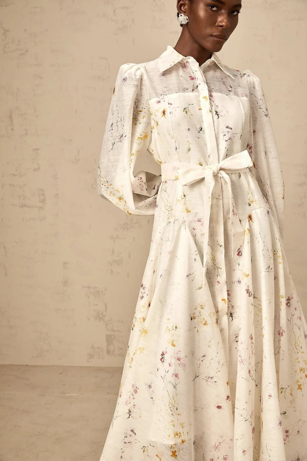 Federica Midi Dress White Floral Print Calf Length Button Fastening