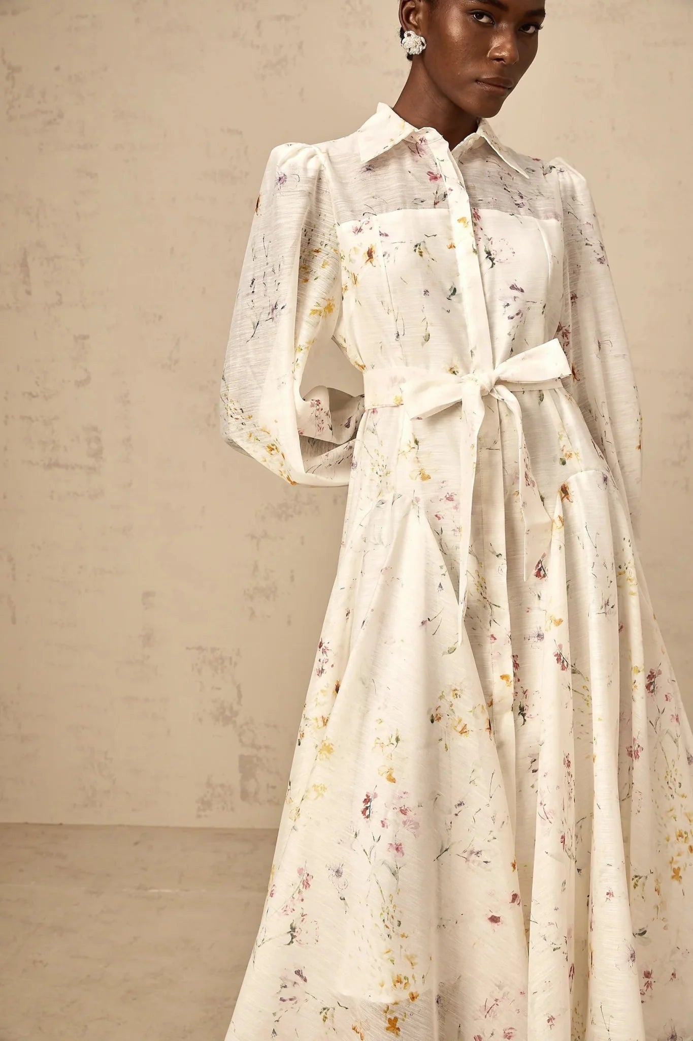 Federica Midi Dress White Floral Print Calf Length Button Fastening