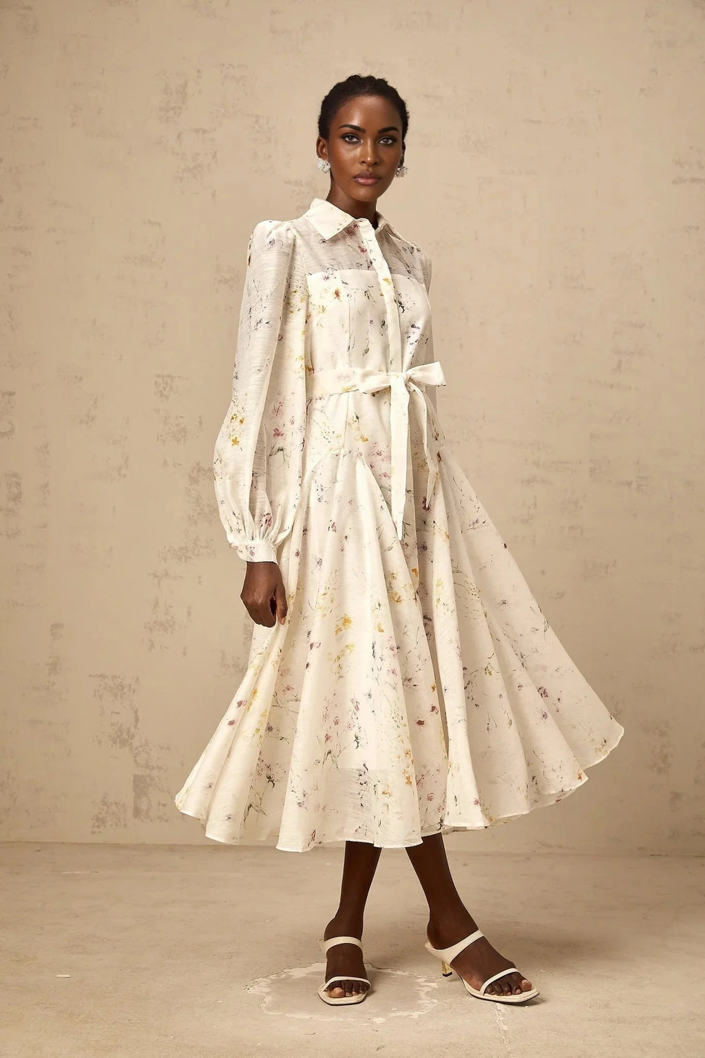Federica Midi Dress White Floral Print Calf Length Button Fastening