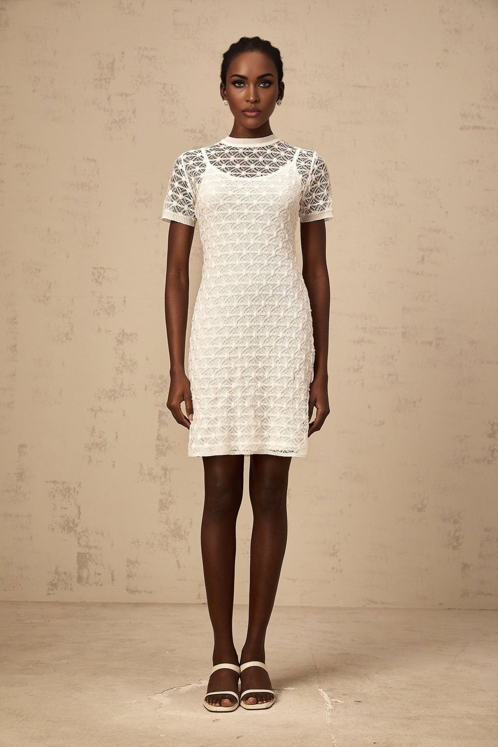 Federica Mini Dress - Crochet Knit - Semi - Sheer - Round Neck - Slip - On Style