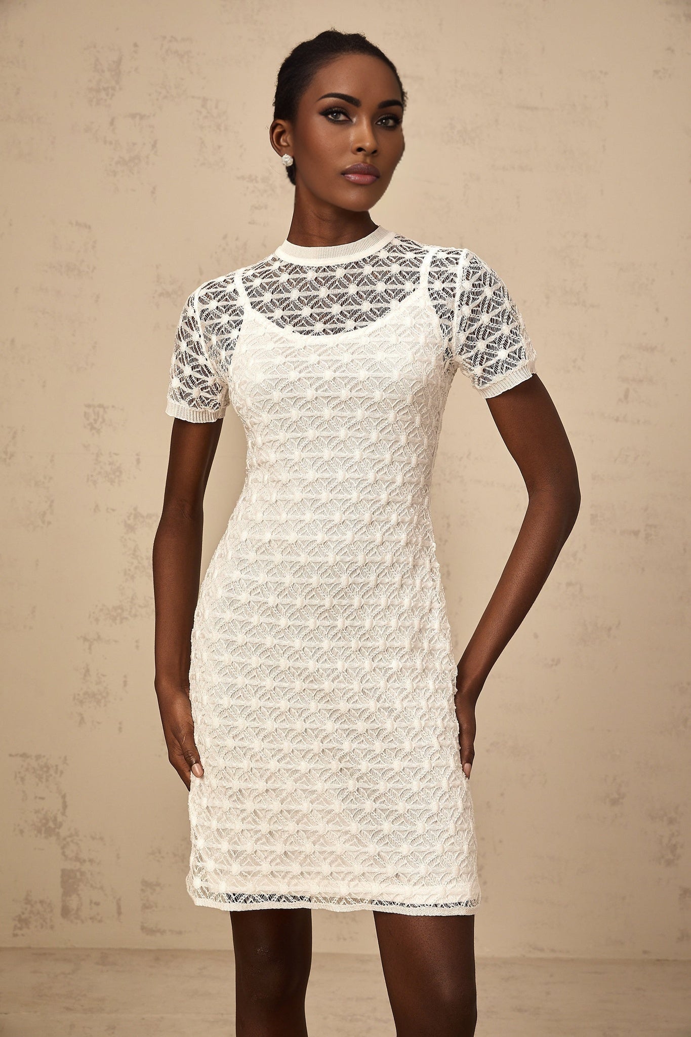 Federica Mini Dress - Crochet Knit - Semi - Sheer - Round Neck - Slip - On Style
