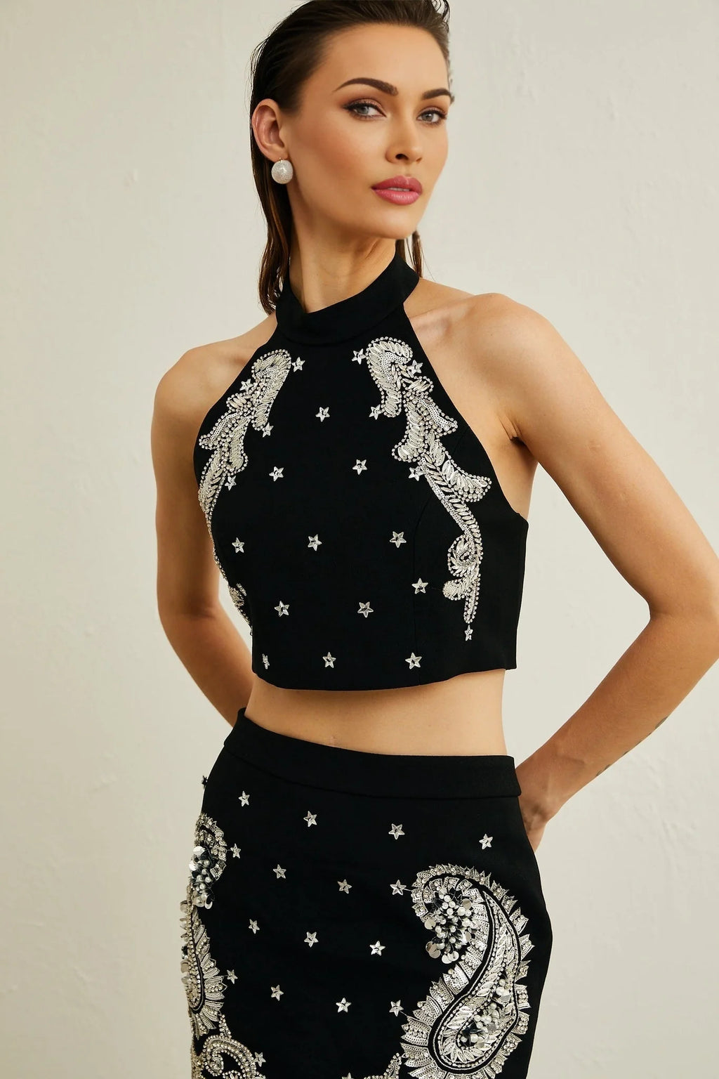 Federica Skirt & Top Set - Sleeveless Round Neck Top - Crystal Embellishments - Open Back Design - Thigh Length Skirt