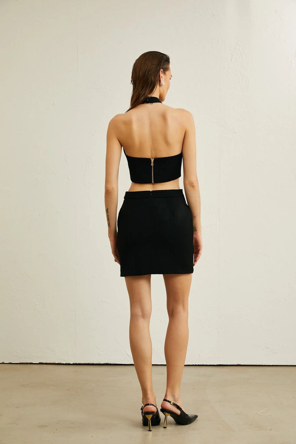 Federica Skirt & Top Set - Sleeveless Round Neck Top - Crystal Embellishments - Open Back Design - Thigh Length Skirt