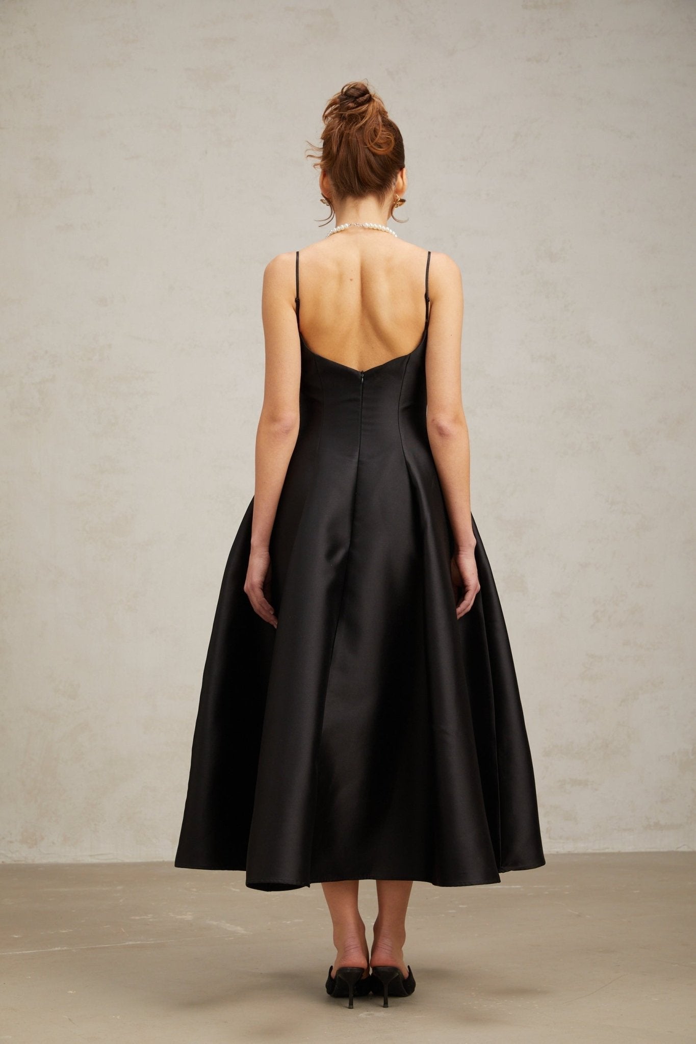 Felicita Midi Dress - V Neck - Sleeveless - Flared Skirt - Splicing Design - Rear Zip Fastening