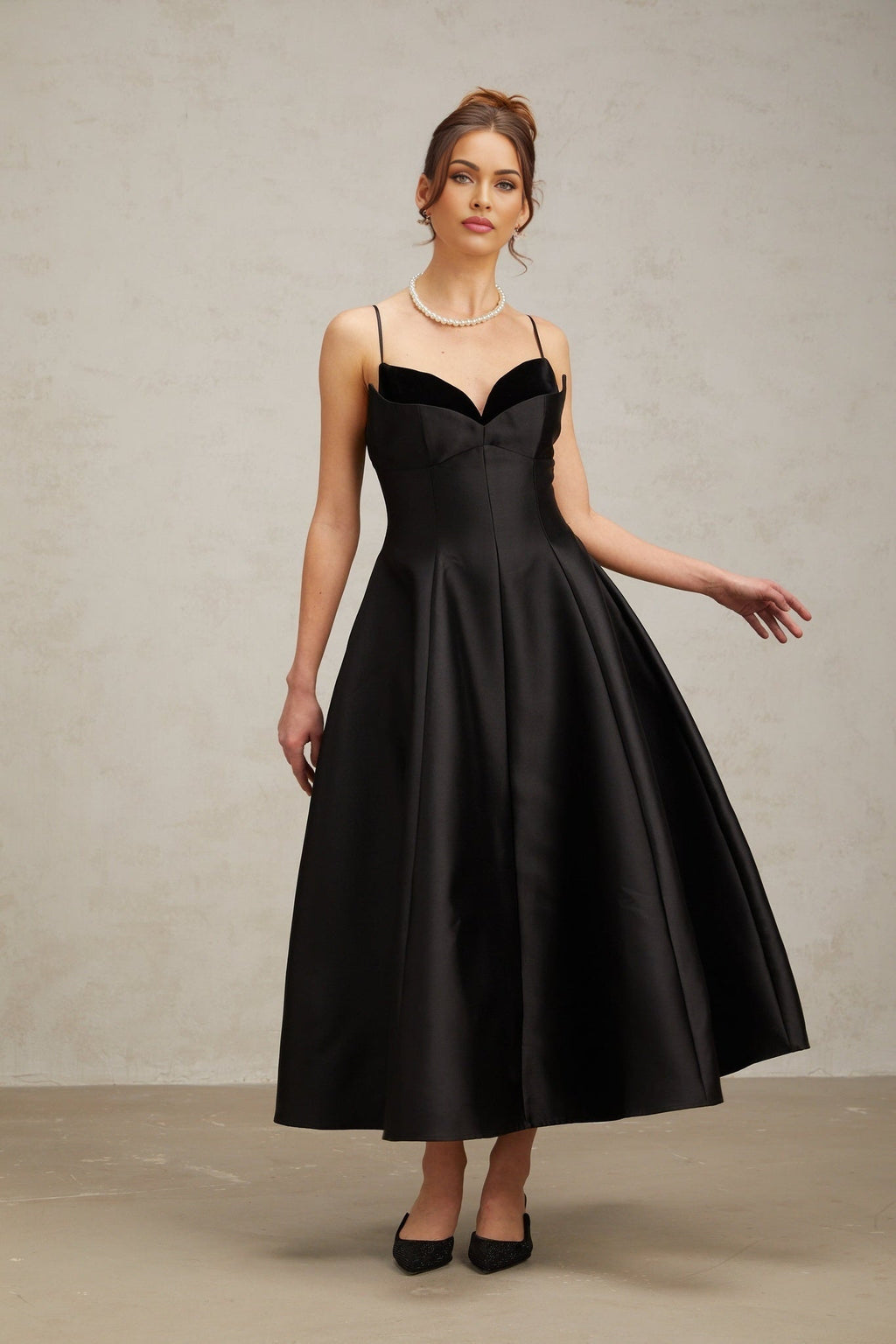 Felicita Midi Dress - V Neck - Sleeveless - Flared Skirt - Splicing Design - Rear Zip Fastening