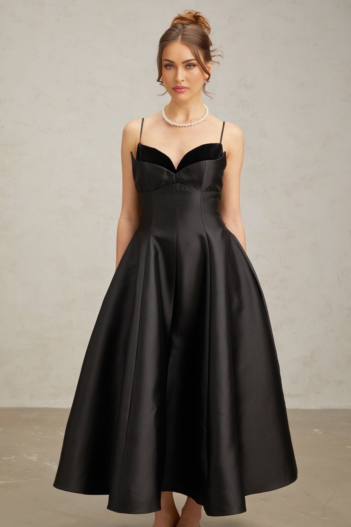 Felicita Midi Dress - V Neck - Sleeveless - Flared Skirt - Splicing Design - Rear Zip Fastening