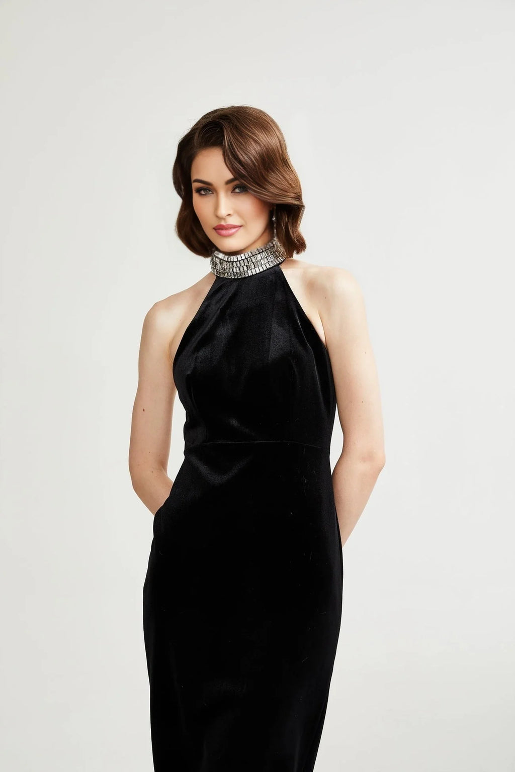 Felicita Sleeveless Roll Neck Dress – Crystal Embellished – Side Slit – Ankle Length – Elegant Fit