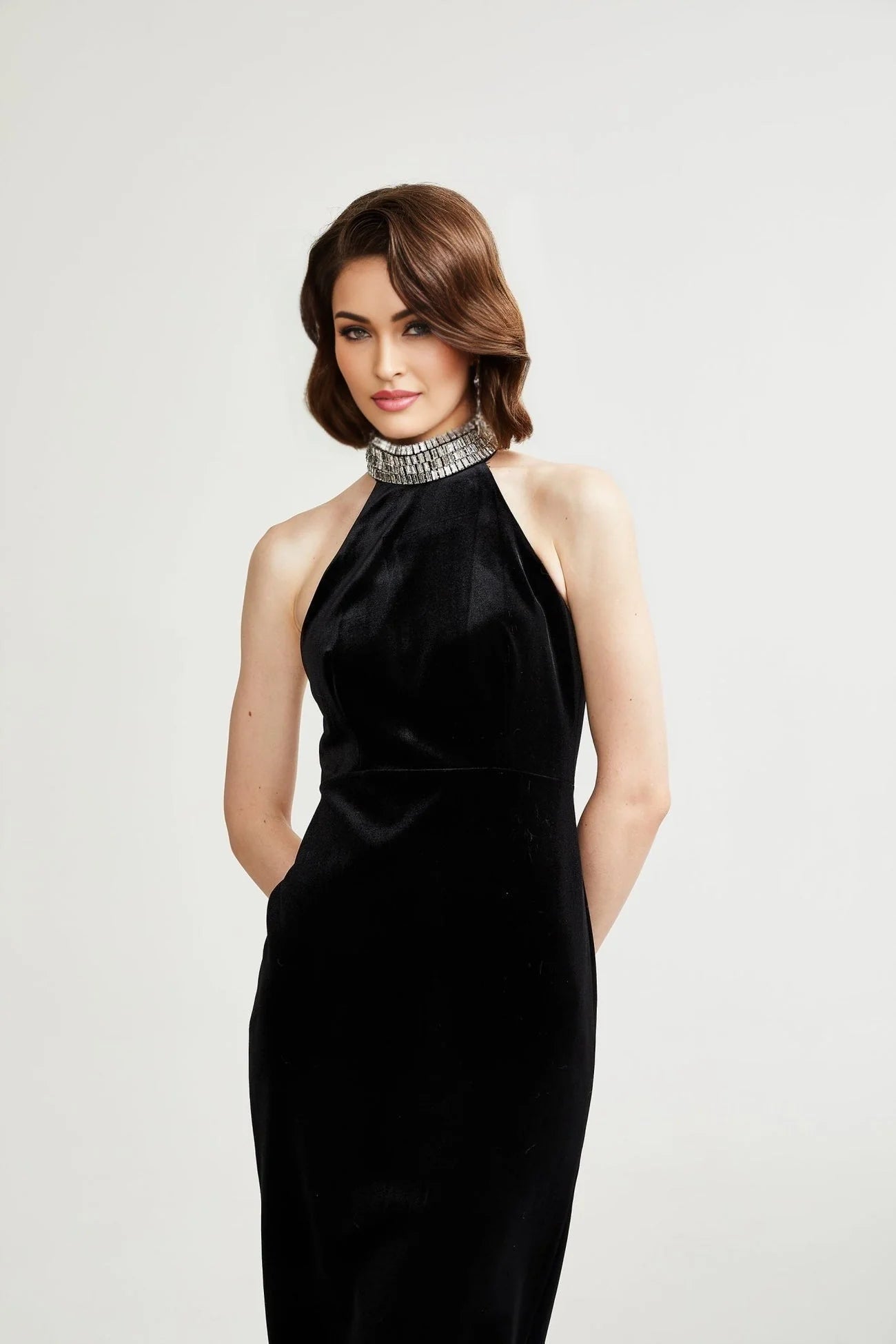 Felicita Sleeveless Roll Neck Dress – Crystal Embellished – Side Slit – Ankle Length – Elegant Fit