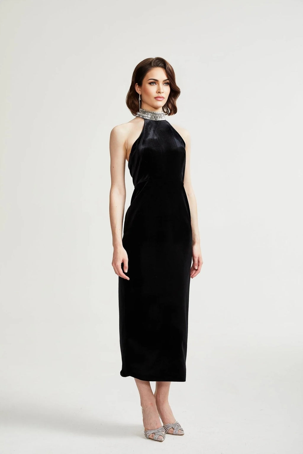 Felicita Sleeveless Roll Neck Dress – Crystal Embellished – Side Slit – Ankle Length – Elegant Fit