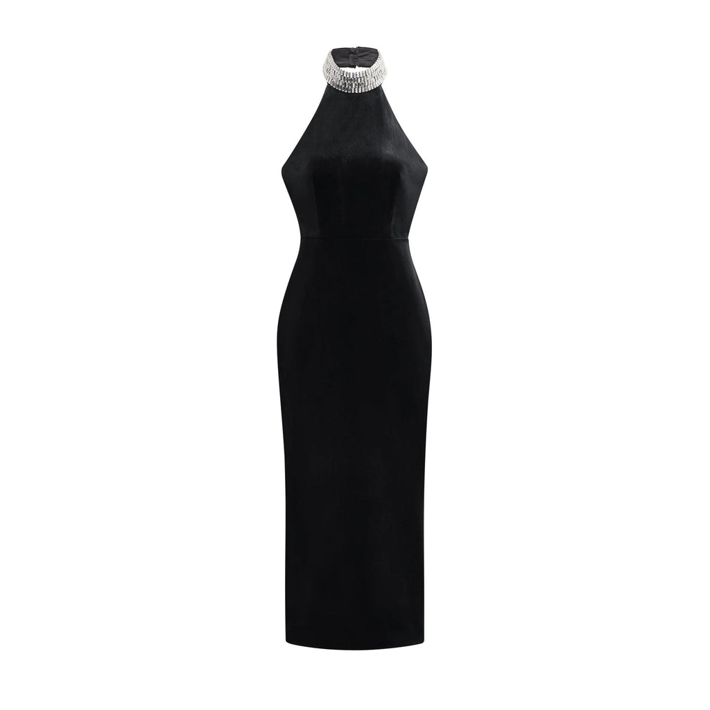 Felicita Sleeveless Roll Neck Dress – Crystal Embellished – Side Slit – Ankle Length – Elegant Fit