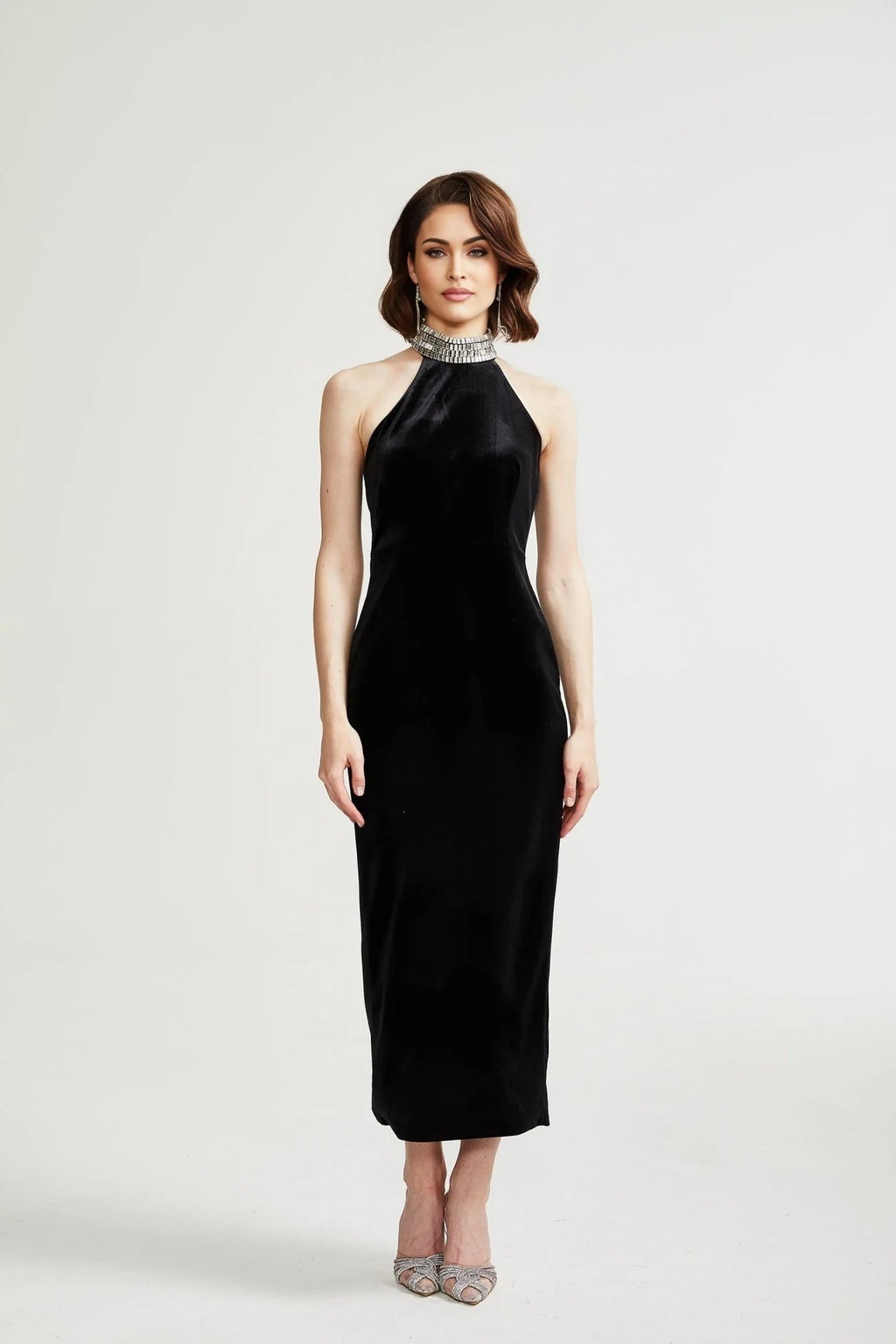 Felicita Sleeveless Roll Neck Dress – Crystal Embellished – Side Slit – Ankle Length – Elegant Fit