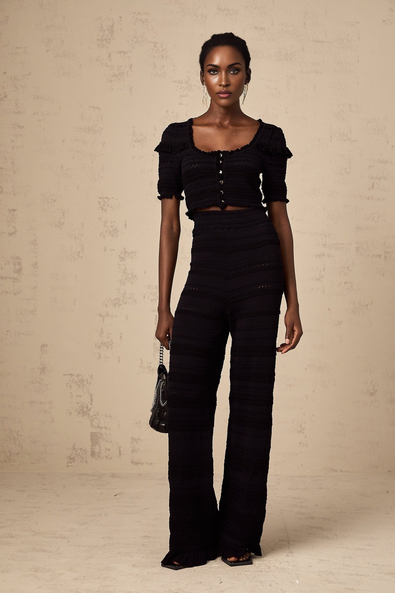 Felicita Top & Trousers - Crochet Knit - Ruffled Trim - Wide Leg - Maxi Length