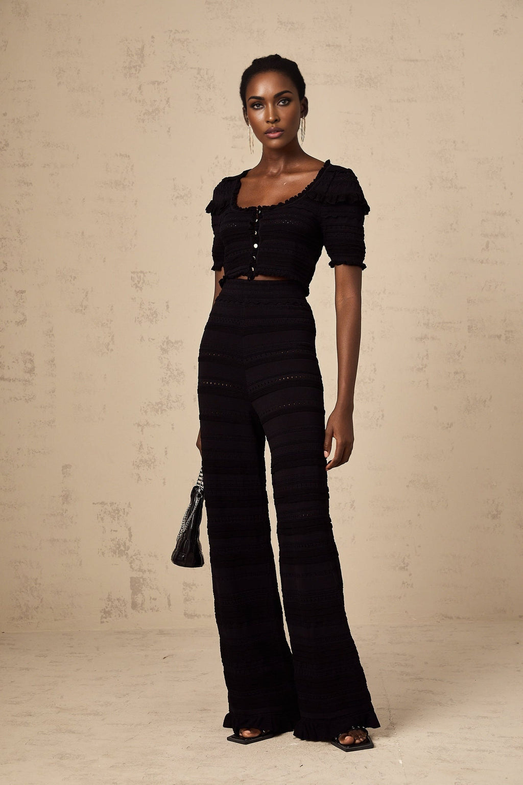 Felicita Top & Trousers - Crochet Knit - Ruffled Trim - Wide Leg - Maxi Length