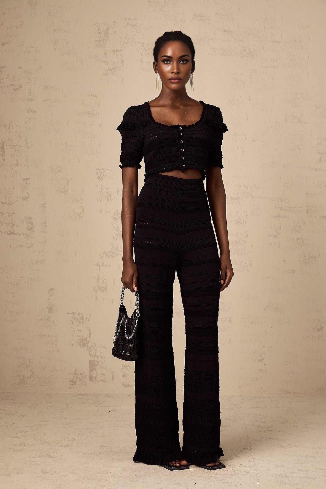 Felicita Top & Trousers - Crochet Knit - Ruffled Trim - Wide Leg - Maxi Length