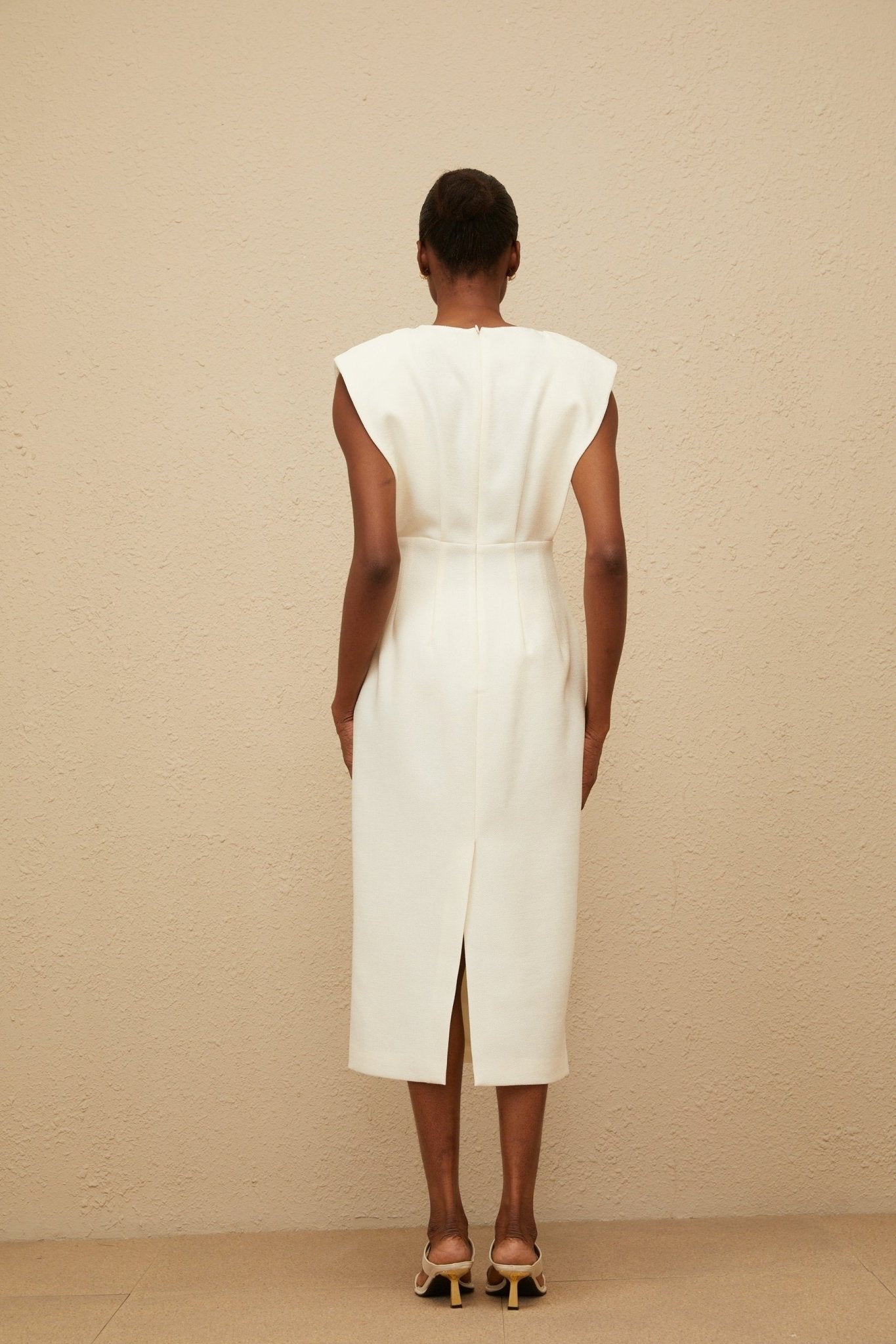Felicity Midi Dress - Cowl Neck - Cap Sleeves - Pencil Silhouette - Faux Pocket Detailing - Rear Slit