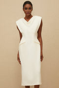 Felicity Midi Dress - Cowl Neck - Cap Sleeves - Pencil Silhouette - Faux Pocket Detailing - Rear Slit