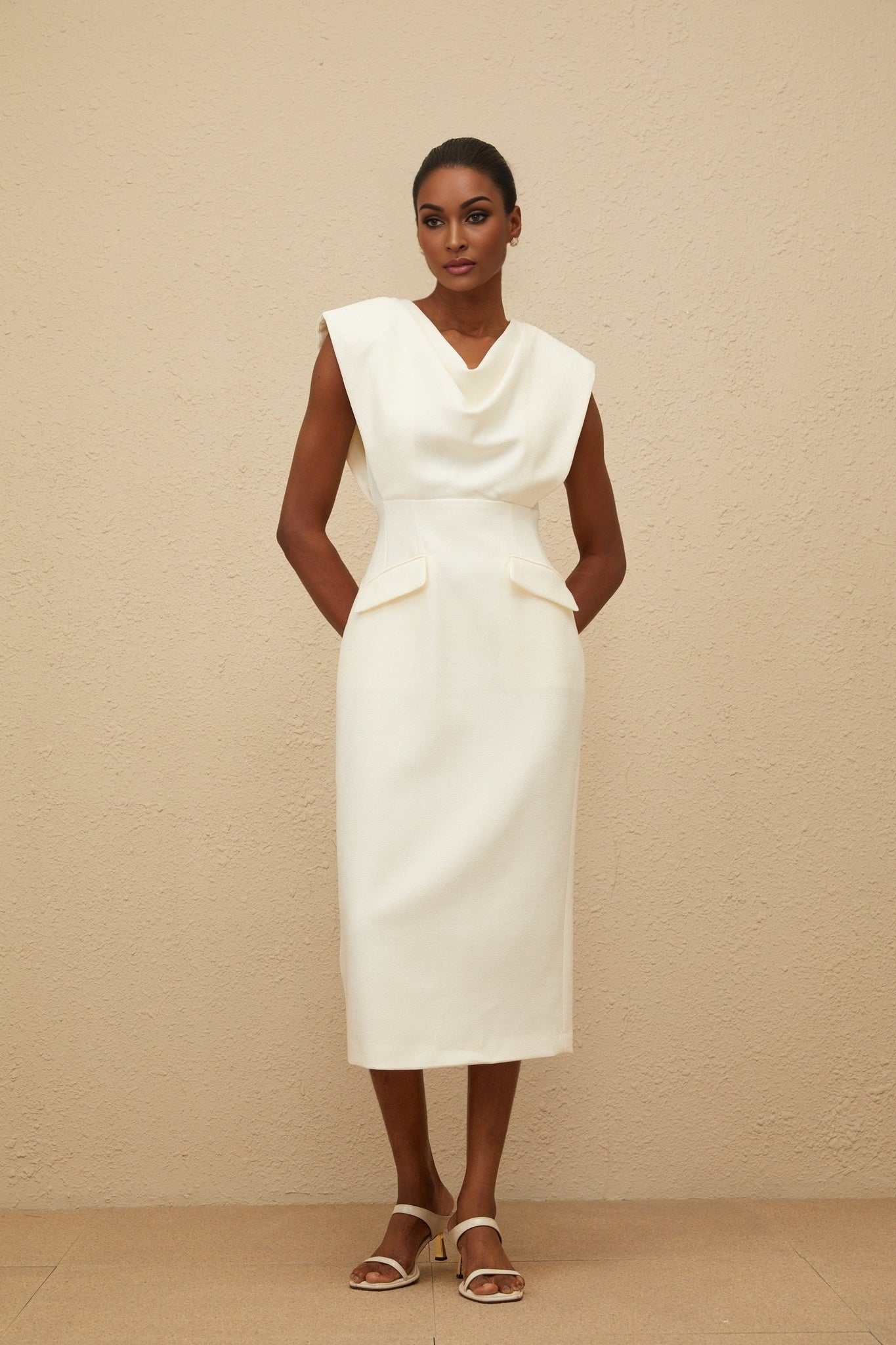 Felicity Midi Dress - Cowl Neck - Cap Sleeves - Pencil Silhouette - Faux Pocket Detailing - Rear Slit