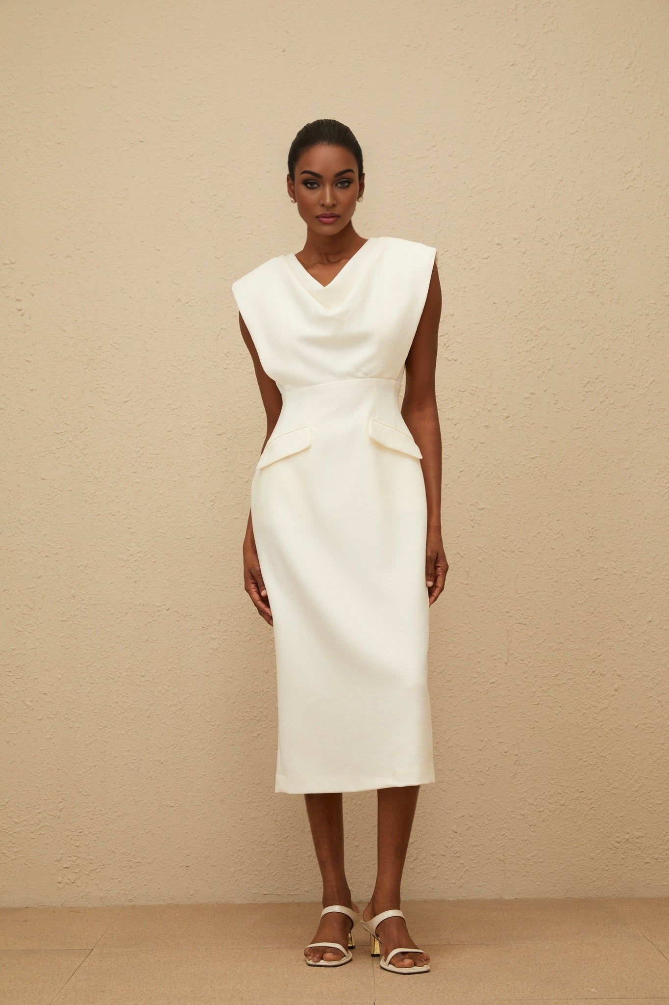 Felicity Midi Dress - Cowl Neck - Cap Sleeves - Pencil Silhouette - Faux Pocket Detailing - Rear Slit