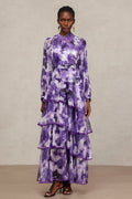 Felicity Purple Floral Lace Detail Long Sleeve Layered Skirt Dress
