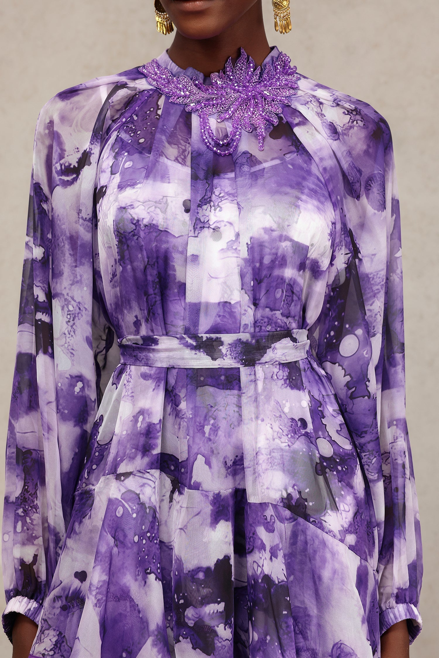 Felicity Purple Floral Lace Detail Long Sleeve Layered Skirt Dress