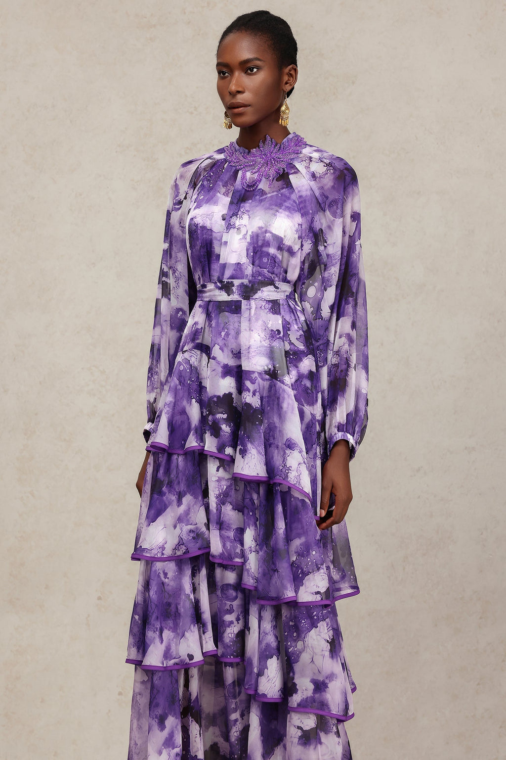 Felicity Purple Floral Lace Detail Long Sleeve Layered Skirt Dress