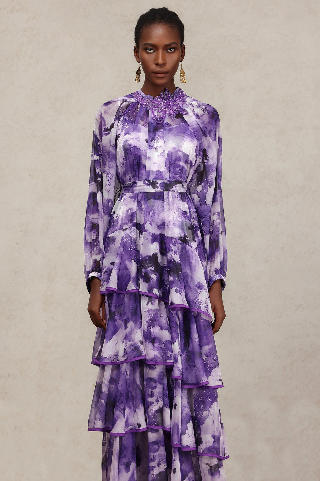 Felicity Purple Floral Lace Detail Long Sleeve Layered Skirt Dress
