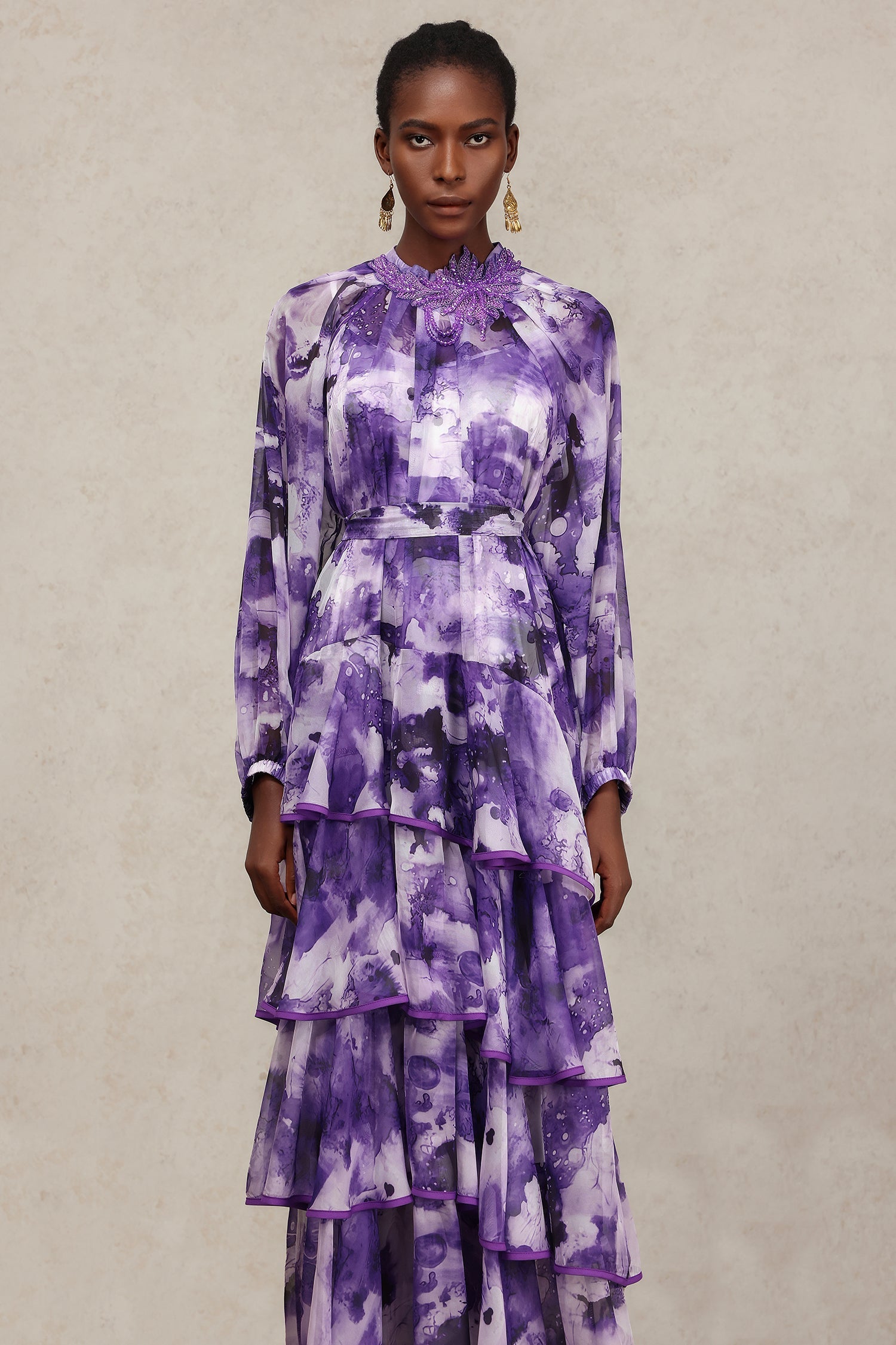 Felicity Purple Floral Lace Detail Long Sleeve Layered Skirt Dress