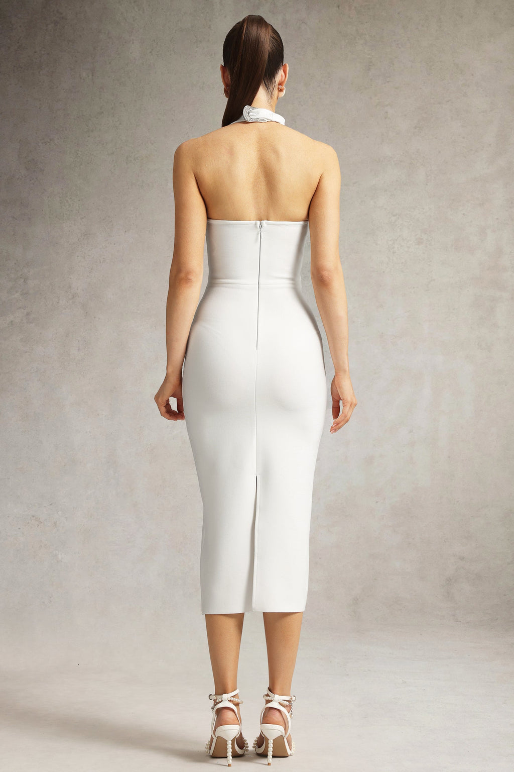 Felicity White Halter Neckline Cut-Out Midi Dress with Metal Buckle Accents