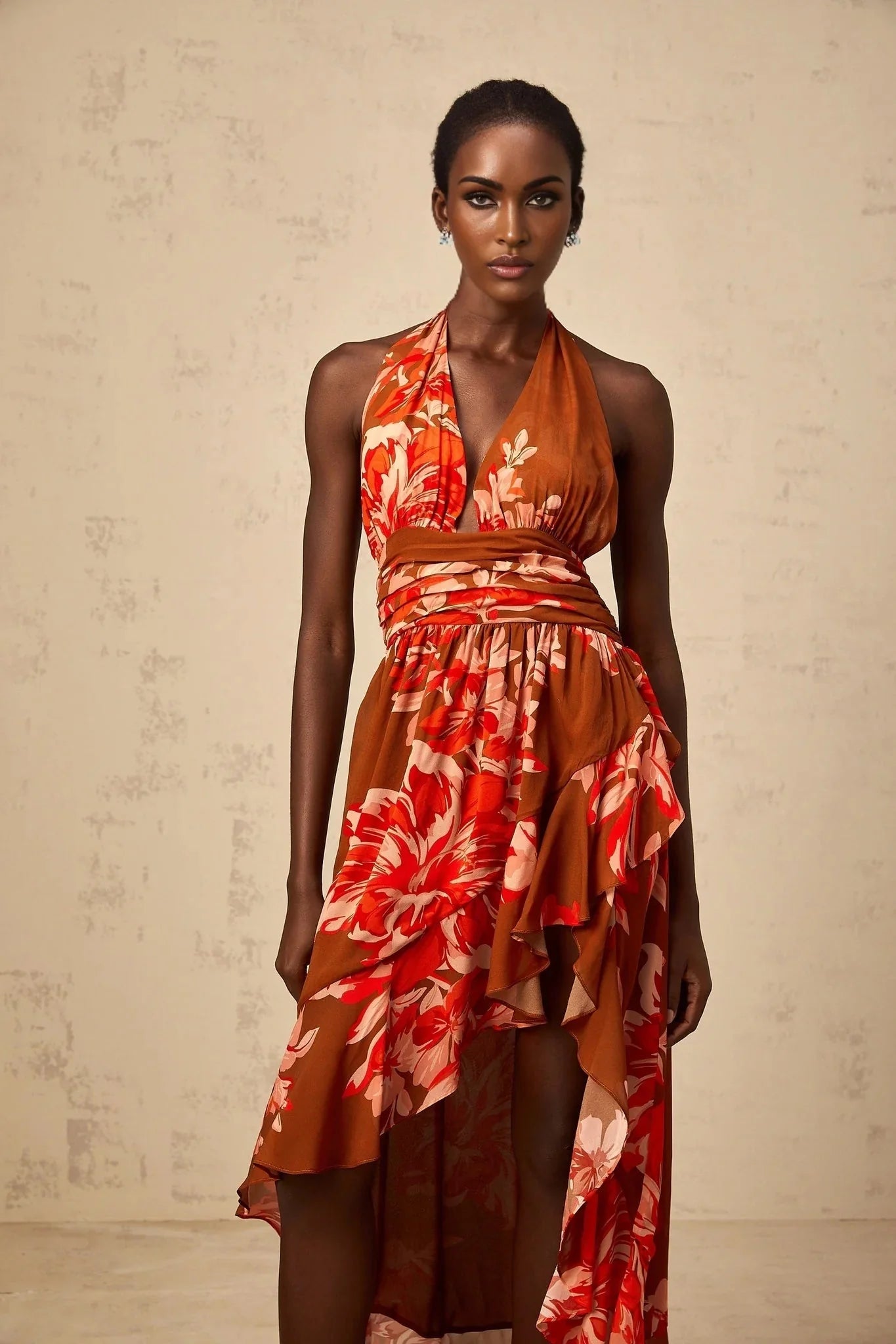 Filippa Maxi Dress Brown Floral Asymmetrical Cinched Waist Open Back