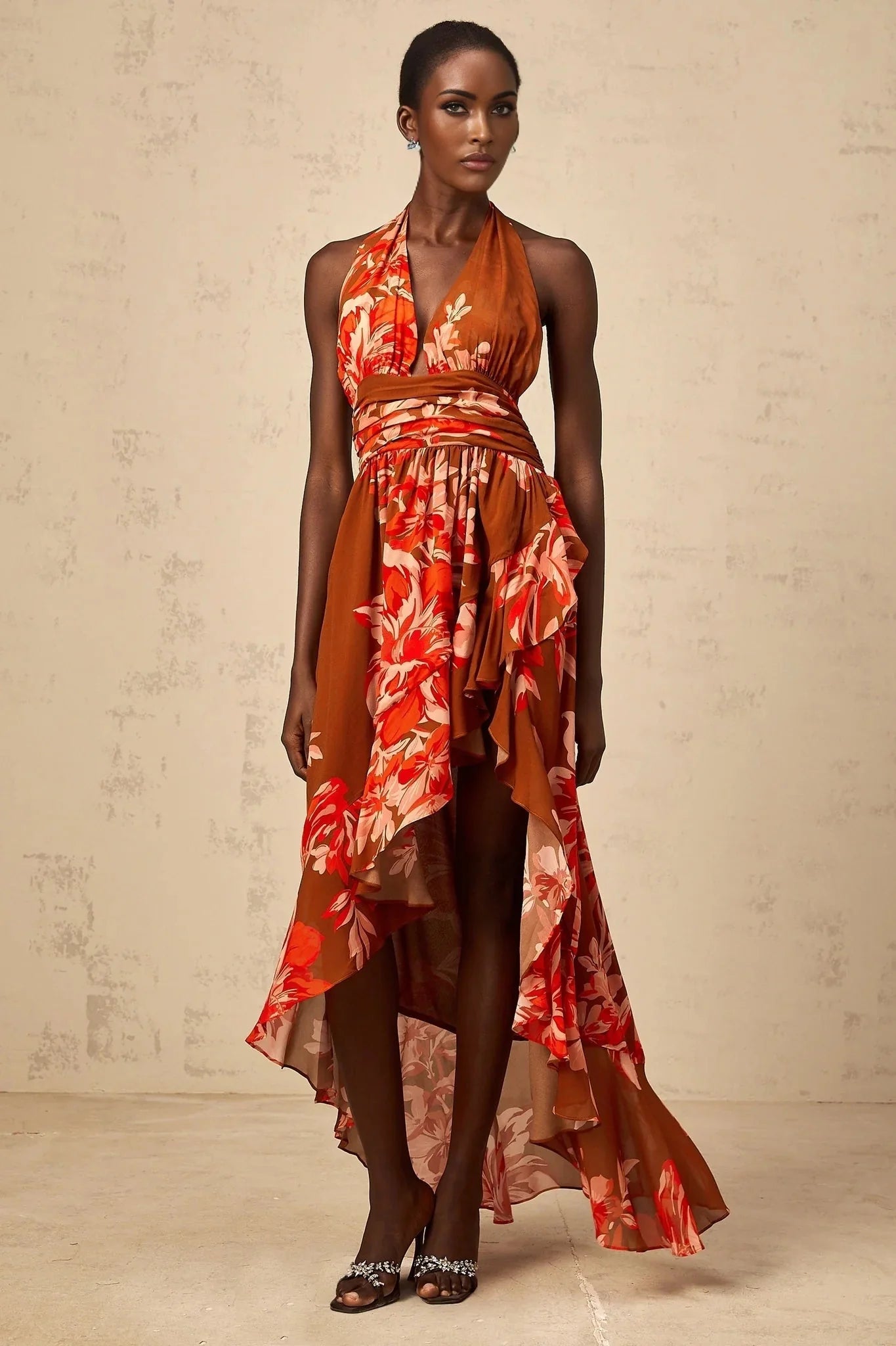 Filippa Maxi Dress Brown Floral Asymmetrical Cinched Waist Open Back
