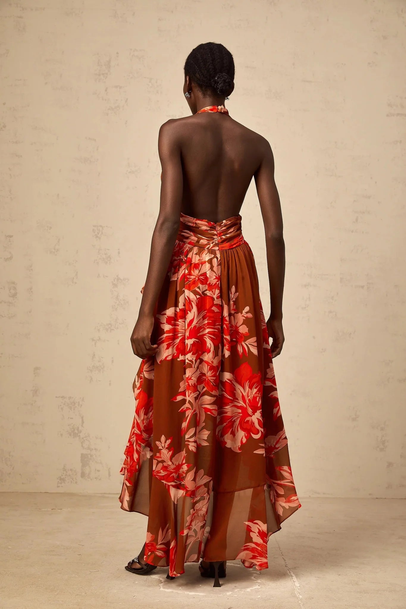 Filippa Maxi Dress Brown Floral Asymmetrical Cinched Waist Open Back