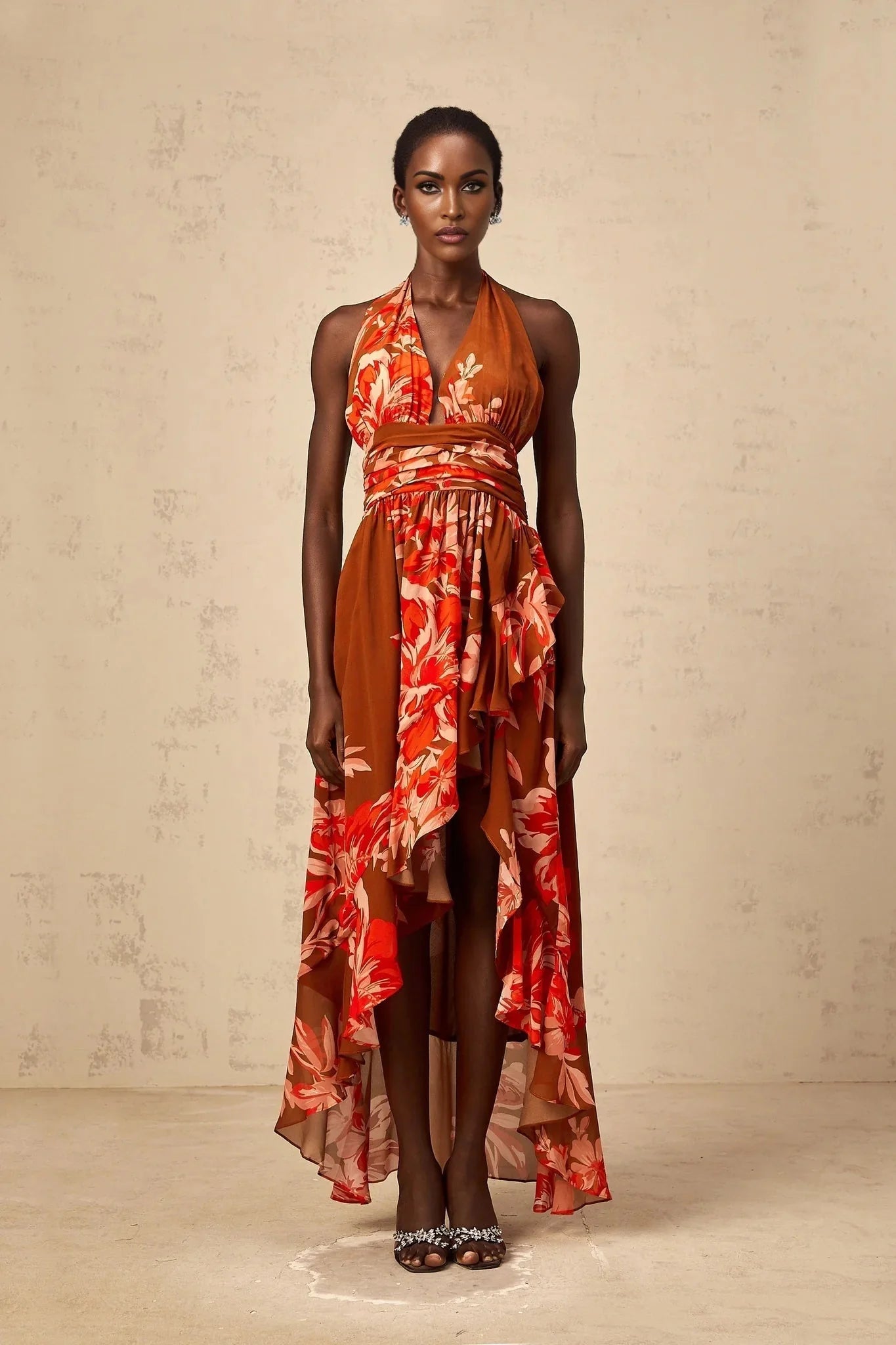 Filippa Maxi Dress Brown Floral Asymmetrical Cinched Waist Open Back