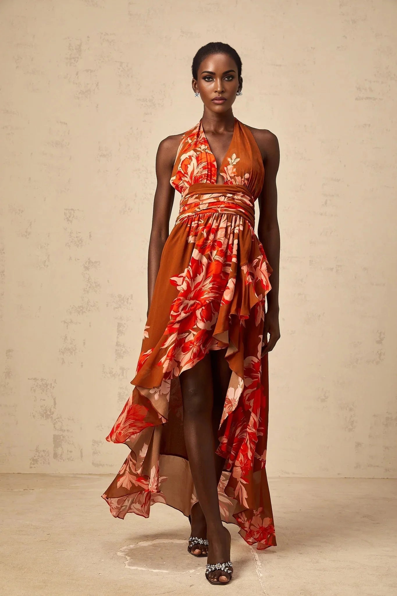 Filippa Maxi Dress Brown Floral Asymmetrical Cinched Waist Open Back