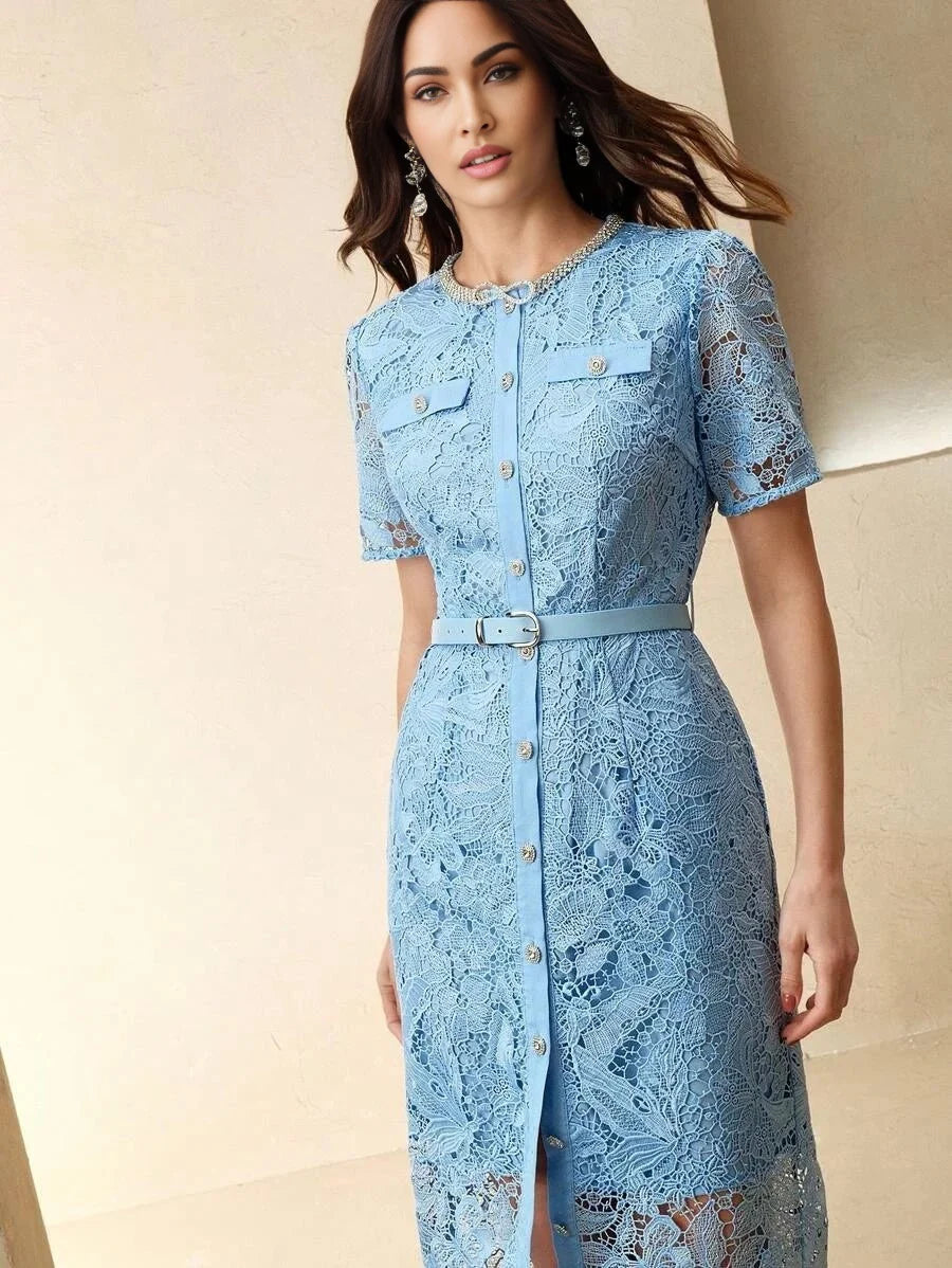 Filippa Midi Dress - Round Neck - Wedding - Regular Sleeve - High Waist - Elegant