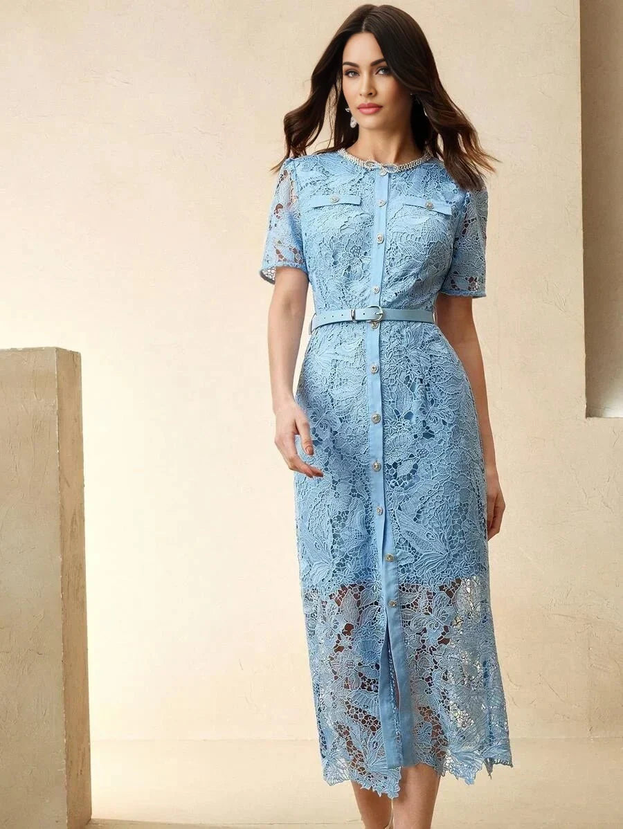 Filippa Midi Dress - Round Neck - Wedding - Regular Sleeve - High Waist - Elegant