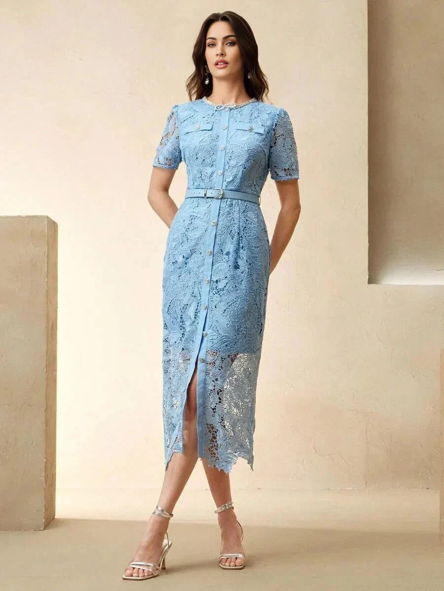Filippa Midi Dress - Round Neck - Wedding - Regular Sleeve - High Waist - Elegant