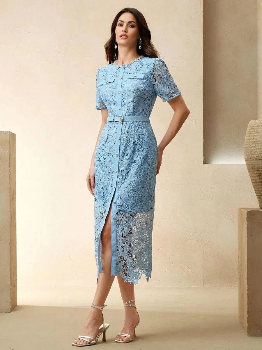 Filippa Midi Dress - Round Neck - Wedding - Regular Sleeve - High Waist - Elegant