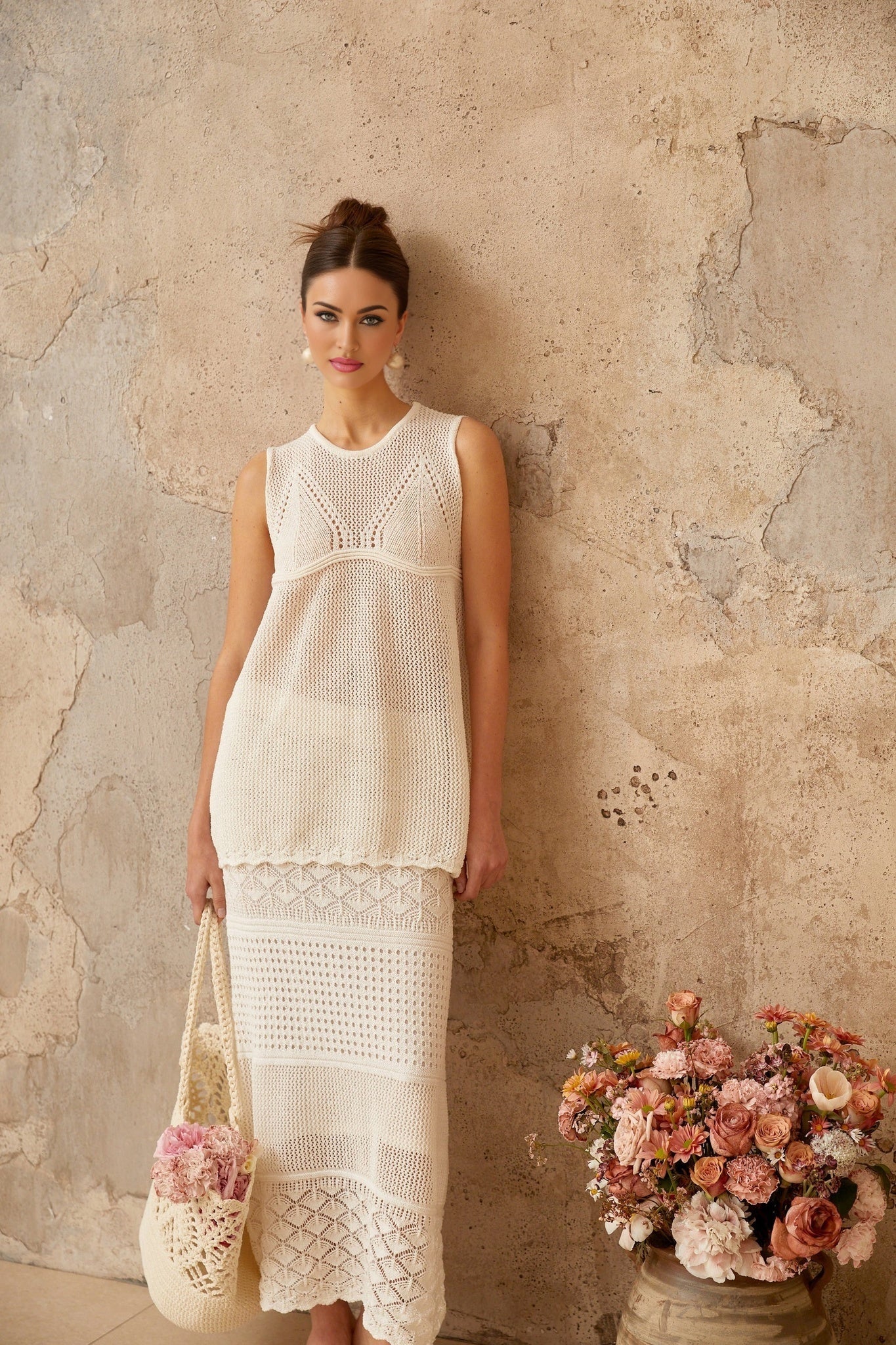Filippa Top & Skirt Set White Crochet Cut - Out Ankle - Length