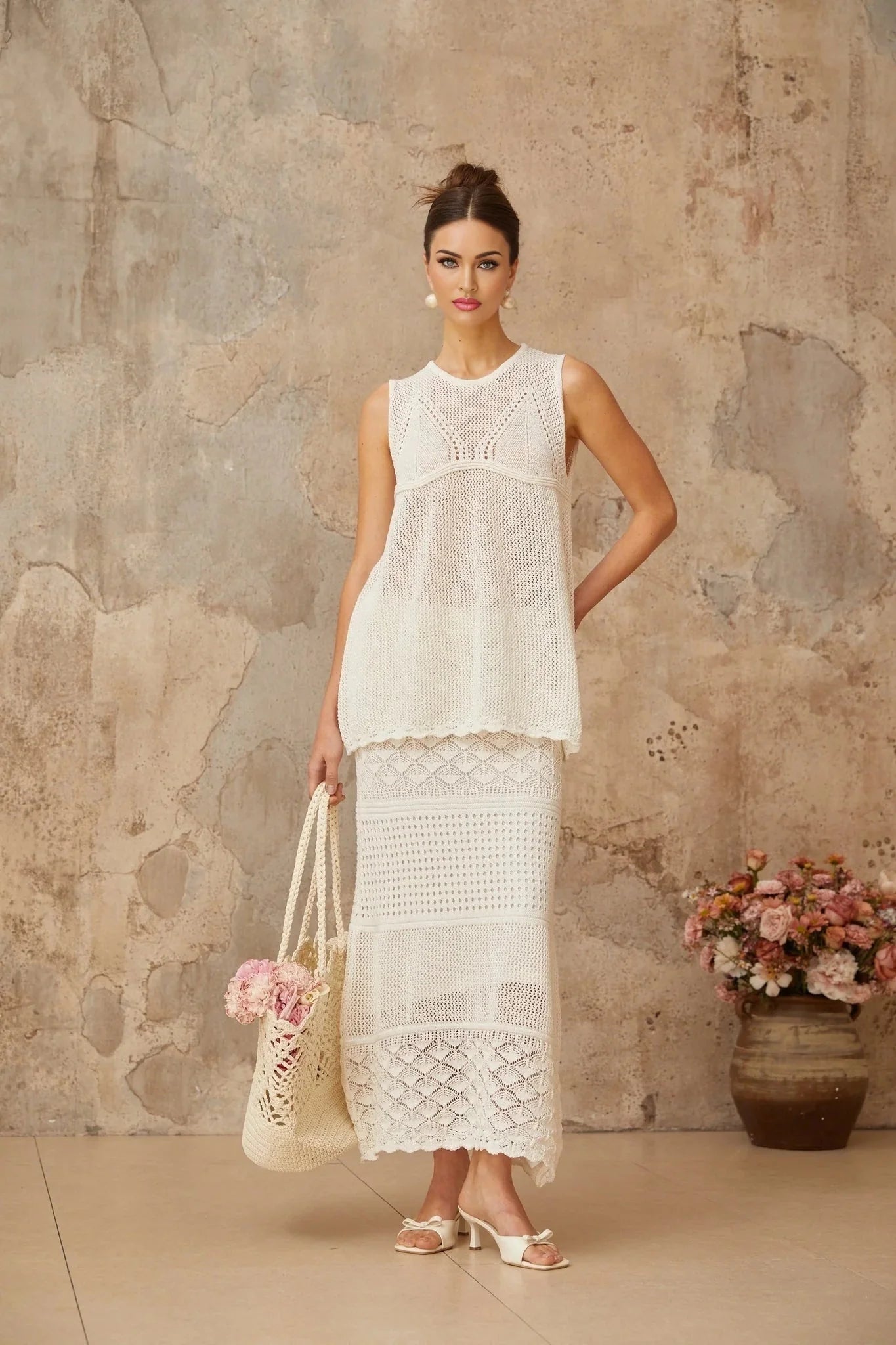 Filippa Top & Skirt Set White Crochet Cut - Out Ankle - Length
