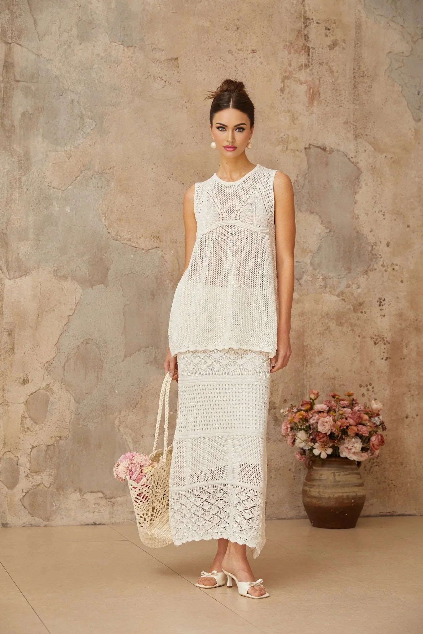 Filippa Top & Skirt Set White Crochet Cut - Out Ankle - Length