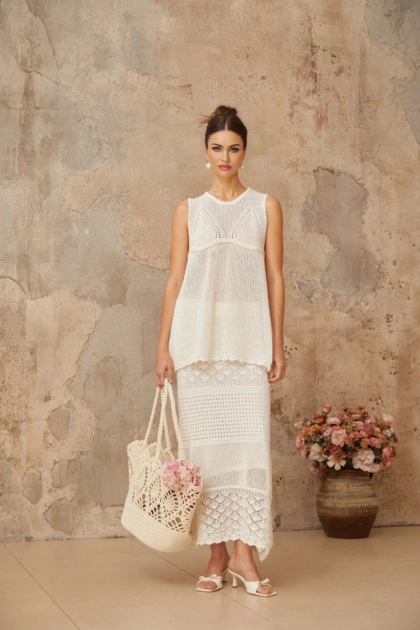 Filippa Top & Skirt Set White Crochet Cut - Out Ankle - Length