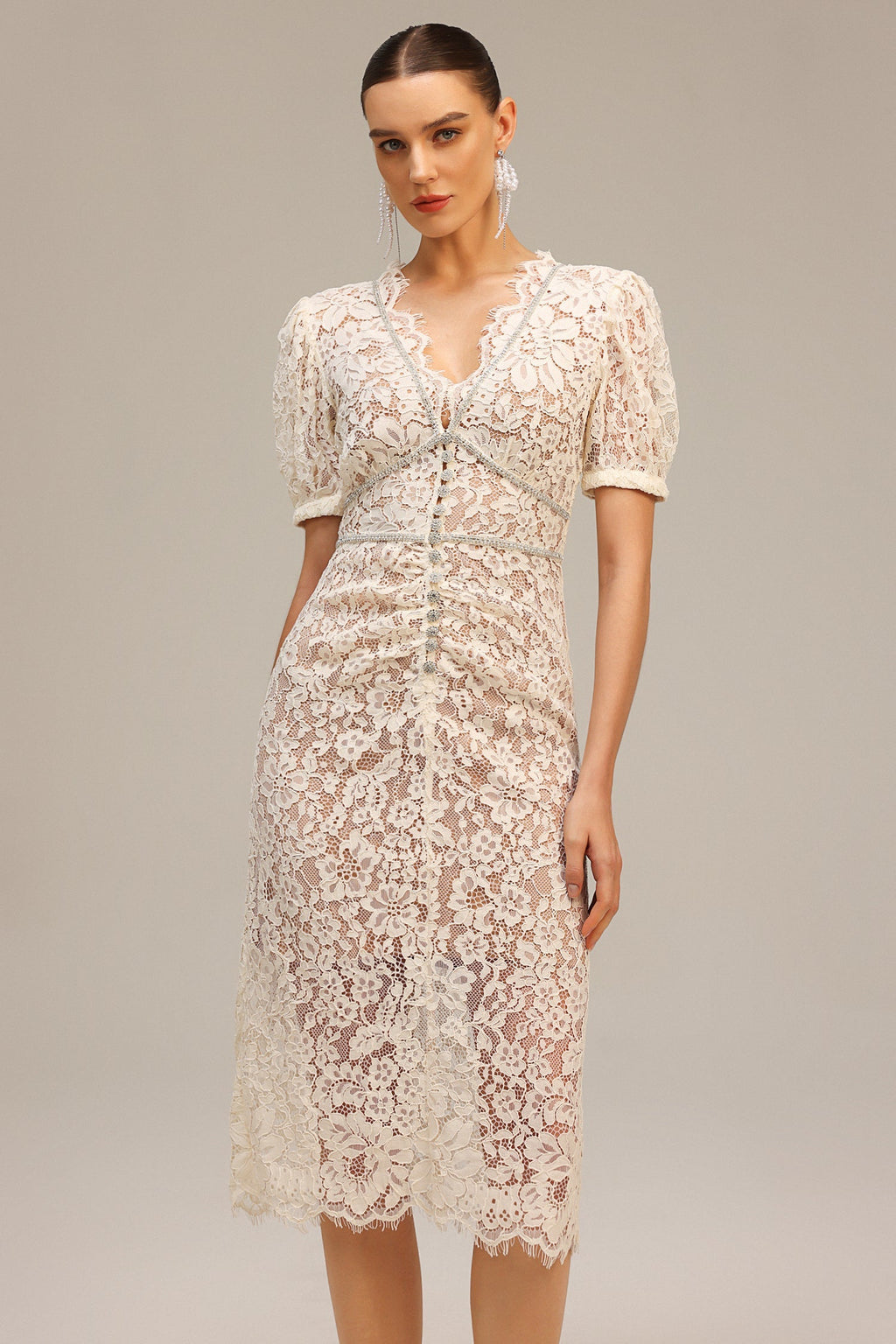 Filomena Beige Lace Maxi Dress V-neckline Puff Sleeves Special Occasions Evening Soirées Elegant Feminine Figure-flattering Fit