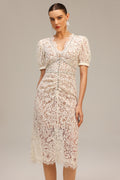 Filomena Beige Lace Maxi Dress V-neckline Puff Sleeves Special Occasions Evening Soirées Elegant Feminine Figure-flattering Fit