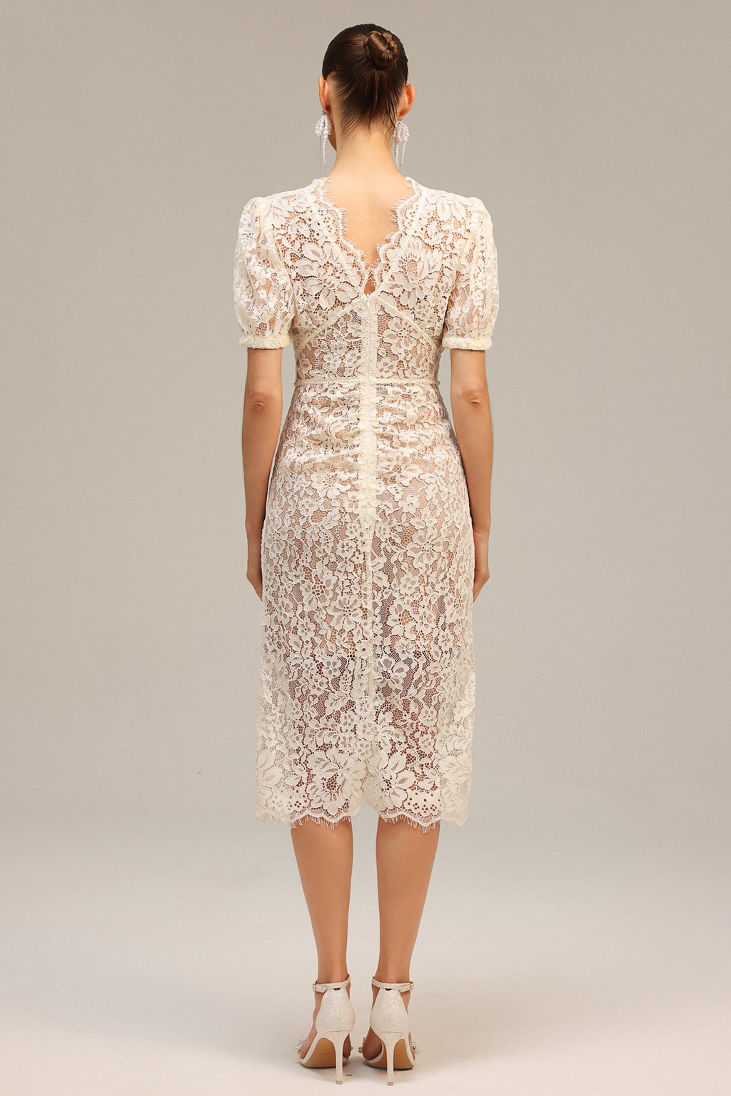 Filomena Beige Lace Maxi Dress V-Neckline Puff Sleeves Special Occasions Evening Soirées Elegant Feminine Figure-Flattering Fit