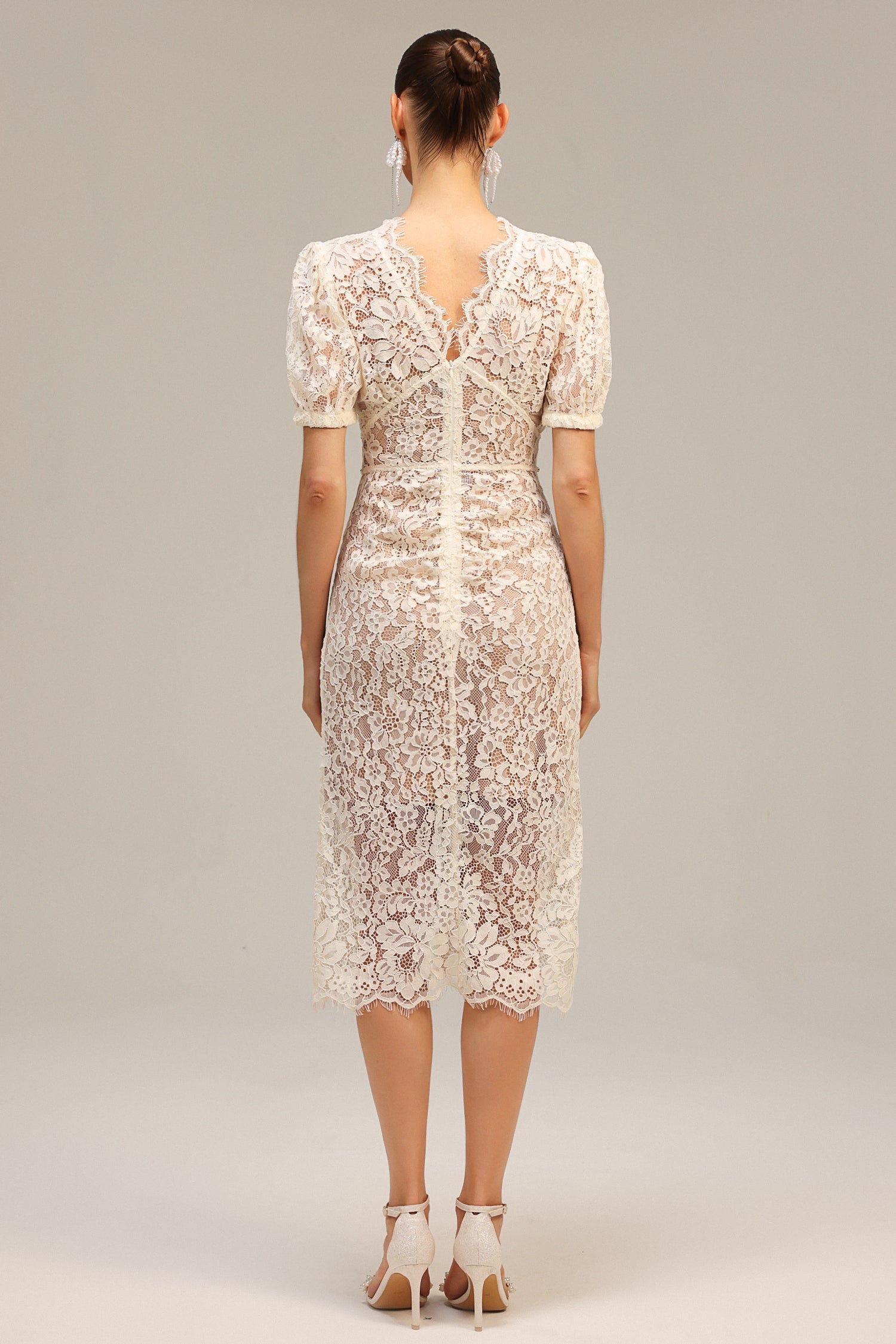 Filomena Beige Lace Maxi Dress V-Neckline Puff Sleeves Special Occasions Evening Soirées Elegant Feminine Figure-Flattering Fit