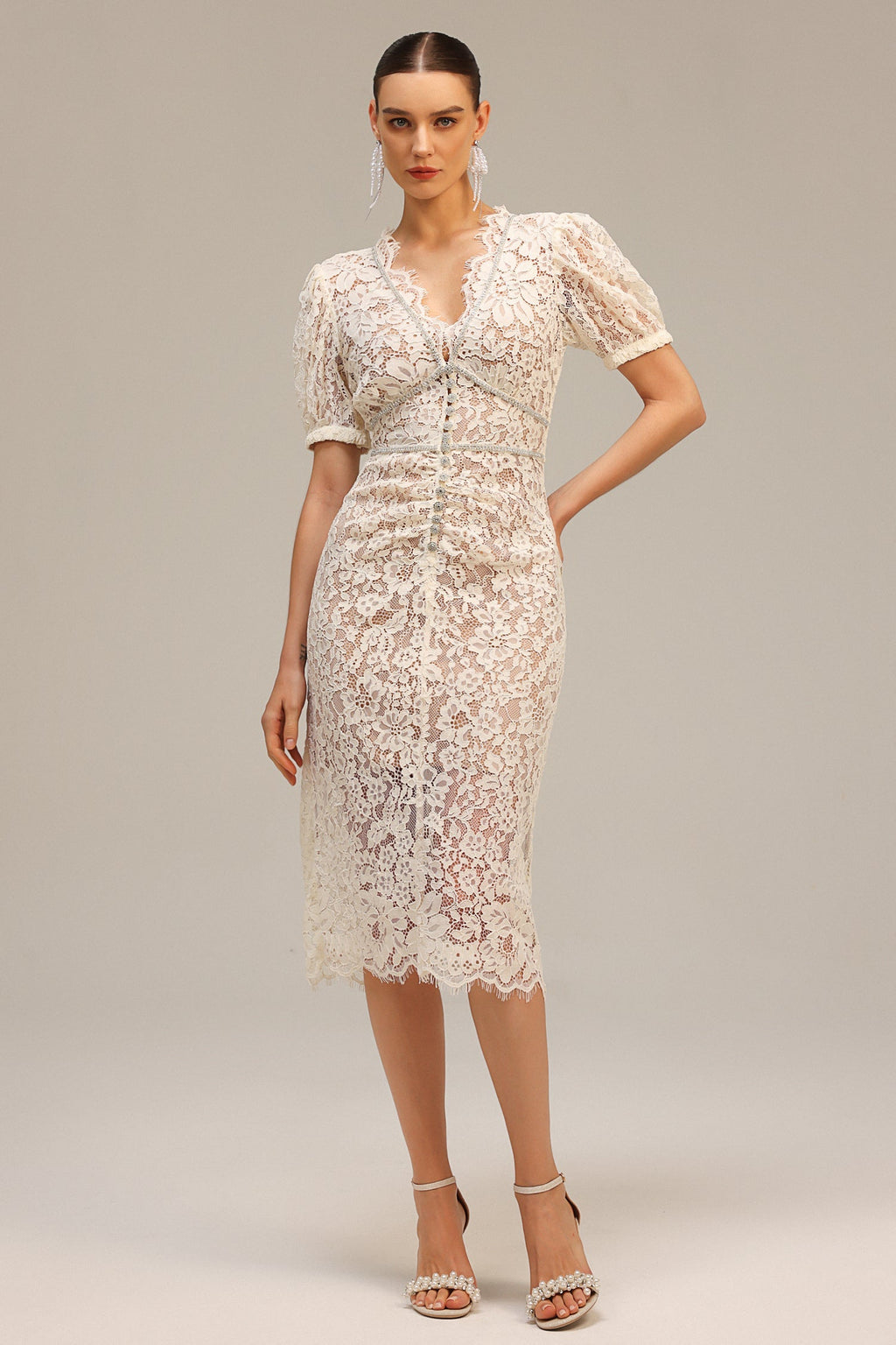 Filomena Beige Lace Maxi Dress V-Neck Puff Sleeves Special Occasion Evening Soiree Elegant Feminine Figure-Flattering Fit