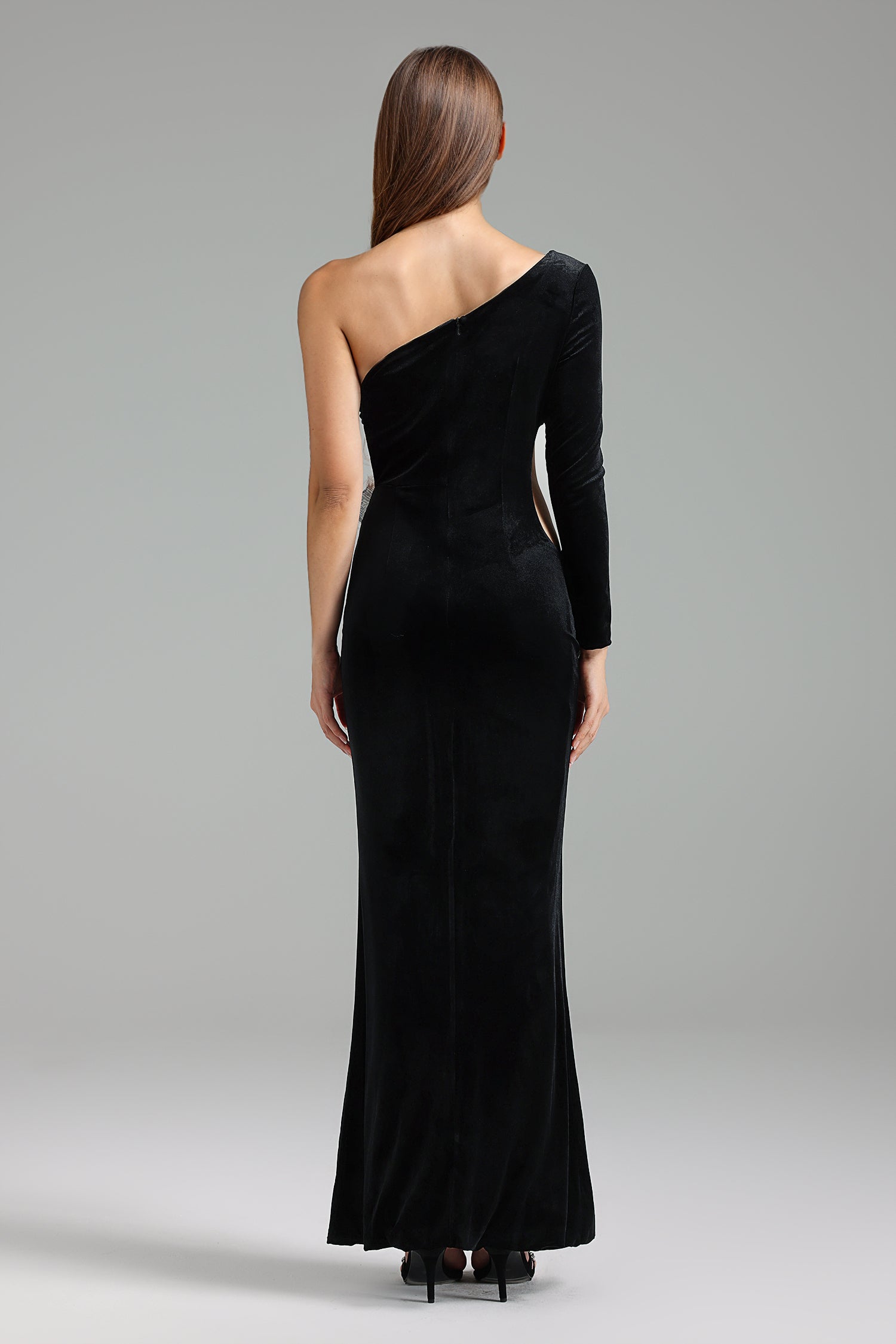 Filomena Black Pearl Floral Asymmetrical Neckline Long Sleeve Dress