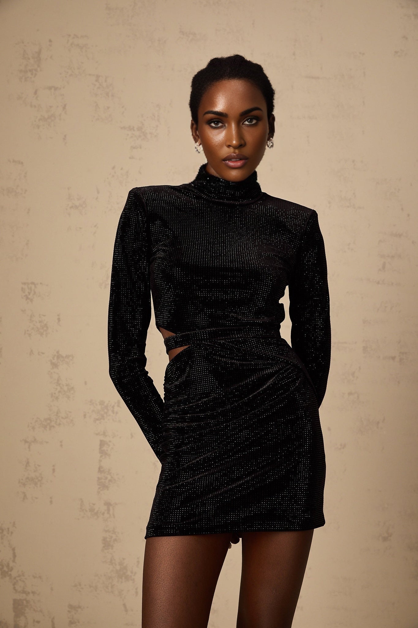 Filomena Mini Dress - Mock Neck - Long Sleeves - Velvet Effect - Cut - Out Design